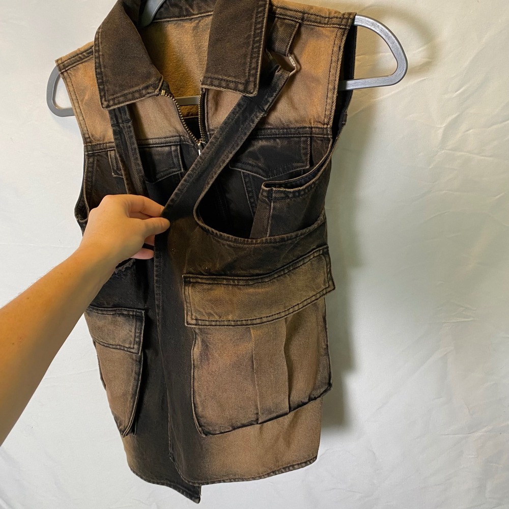Wrangler Utility Vest Women Sample Brown Tint Black Denim Zip Cargo Grunge - Picture 3 of 10
